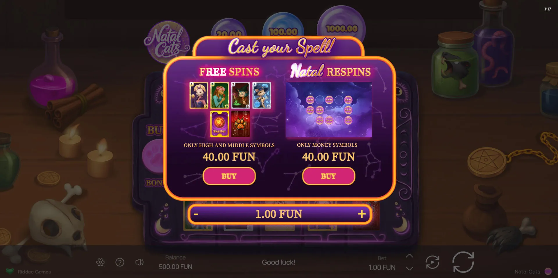 Bonus buy menu in Natal Cats displaying the 40x bet cost for both Free Spins and Natal Respins
