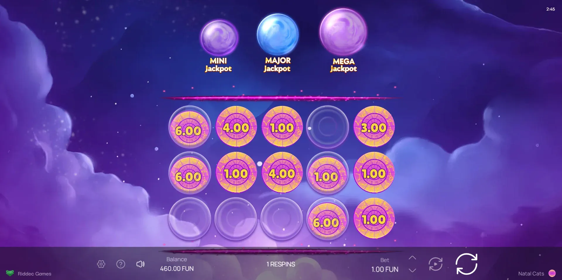 Natal Respins hold and spin feature showing purple money orbs with multipliers locked on the grid