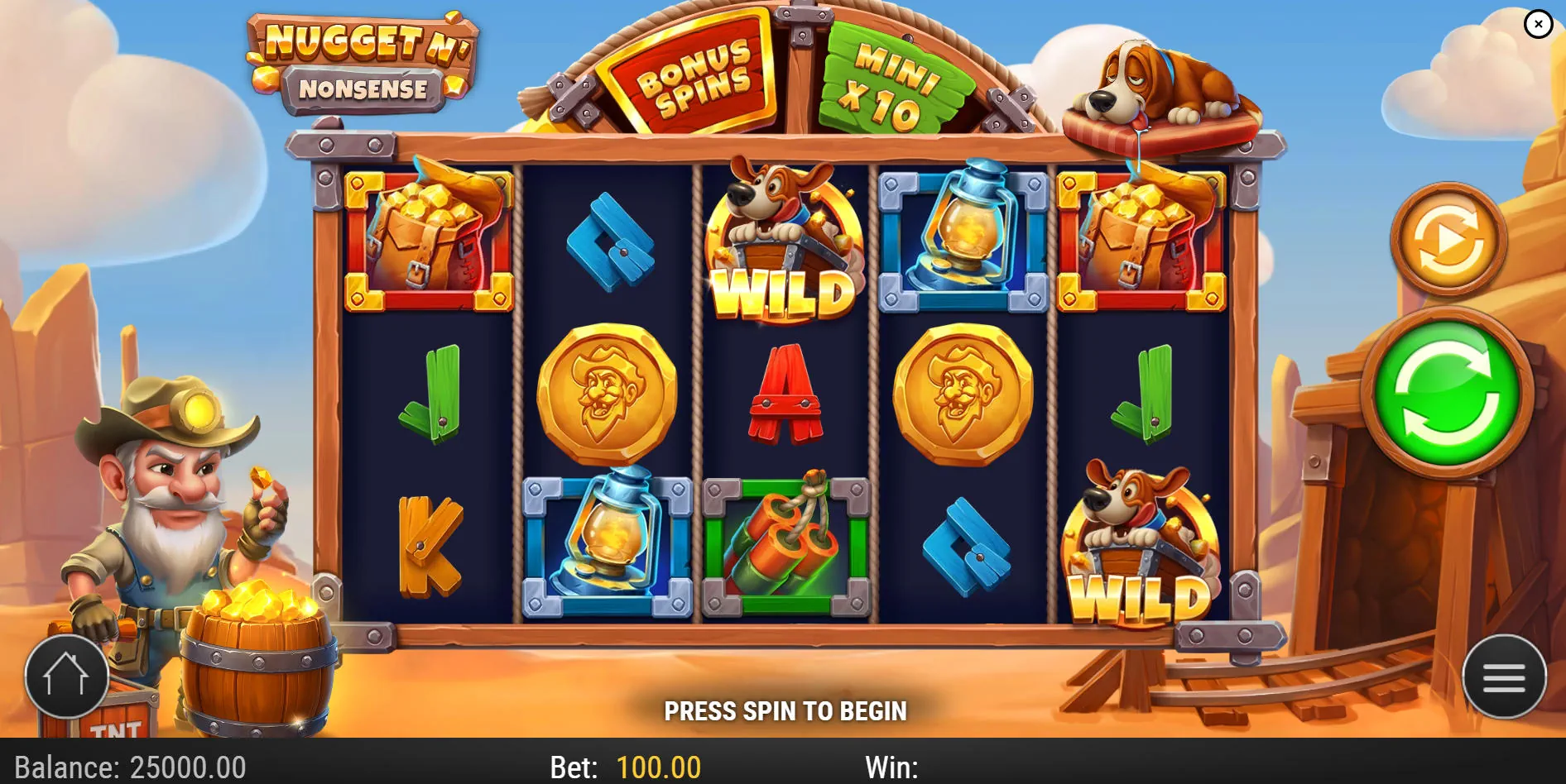 The main game grid of the Nugget N' Nonsense slot, showing the 5x3 reel layout with the prospector and his dog characters in a cartoon canyon setting.