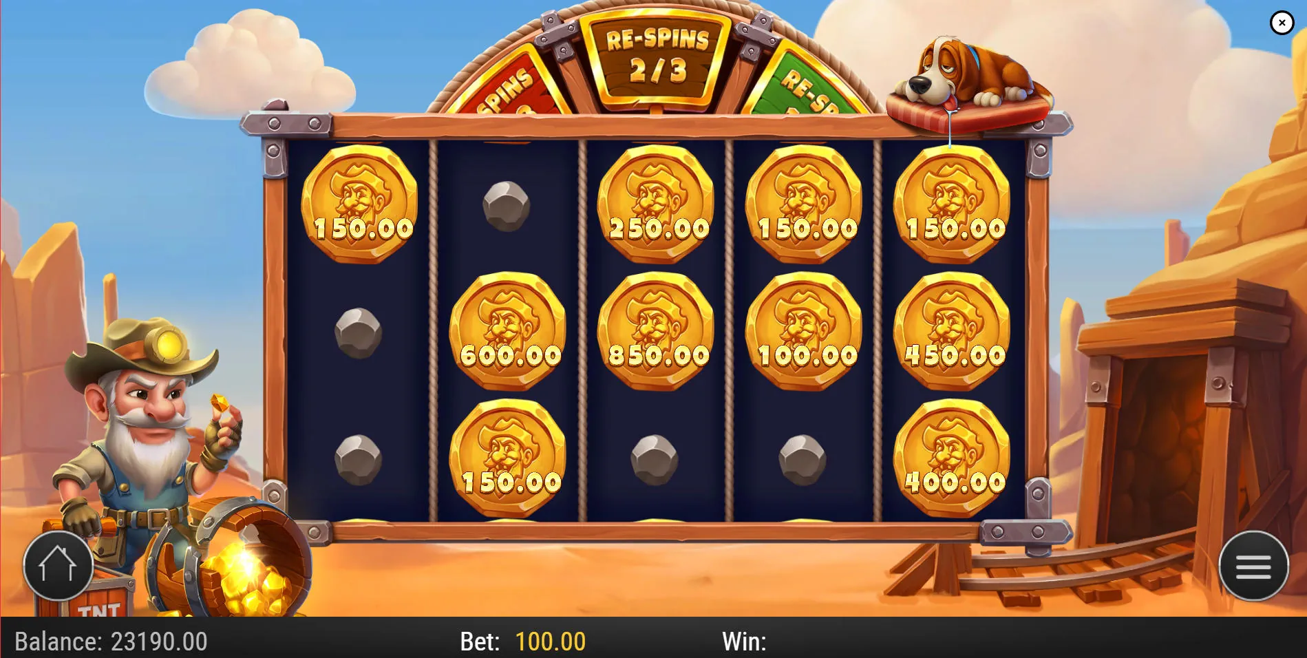 The Hold & Spin bonus feature in action in Nugget N' Nonsense, with multiple gold coins locked on the reels, showing their cash values.