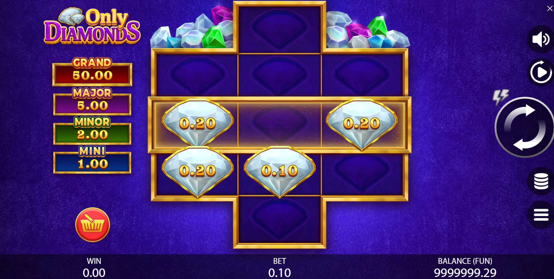 The 3-5-3 game grid of the Only Diamonds slot showing the single active row required to trigger the bonus feature.
