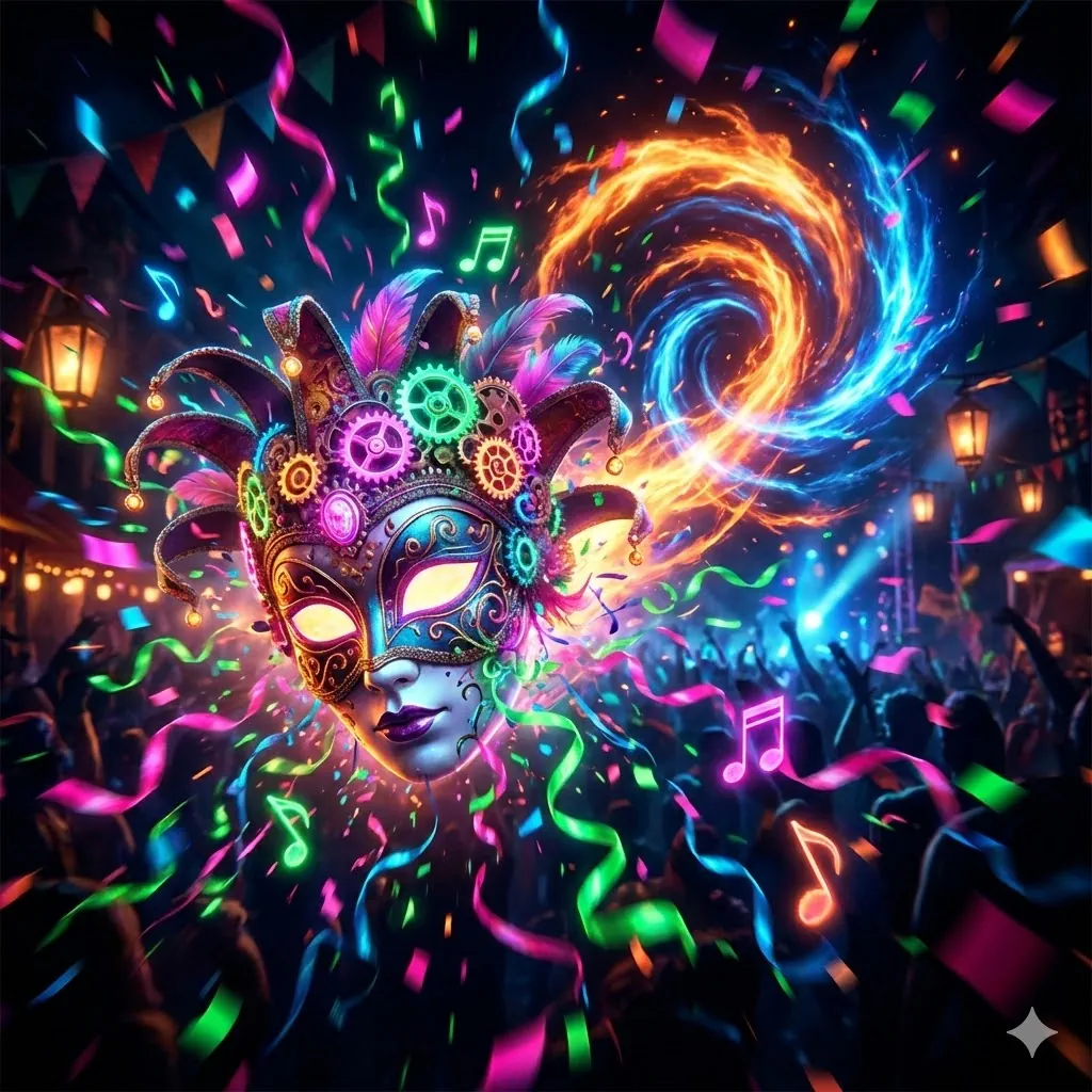 An explosive splash of a colorful carnival mask and musical notes, representing the high-energy atmosphere of party-themed demo slots available for free play.