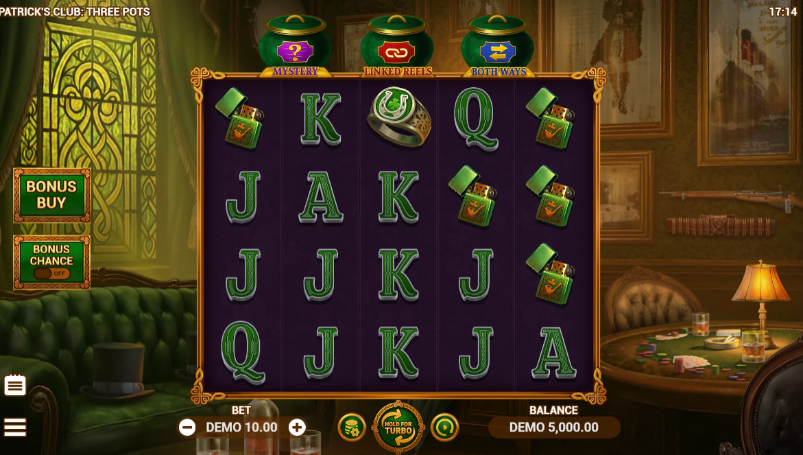 The base game screen of Patrick's Club Three Pots slot, showing the 5x4 reel layout and the three empty Magic Pot collection meters at the top.