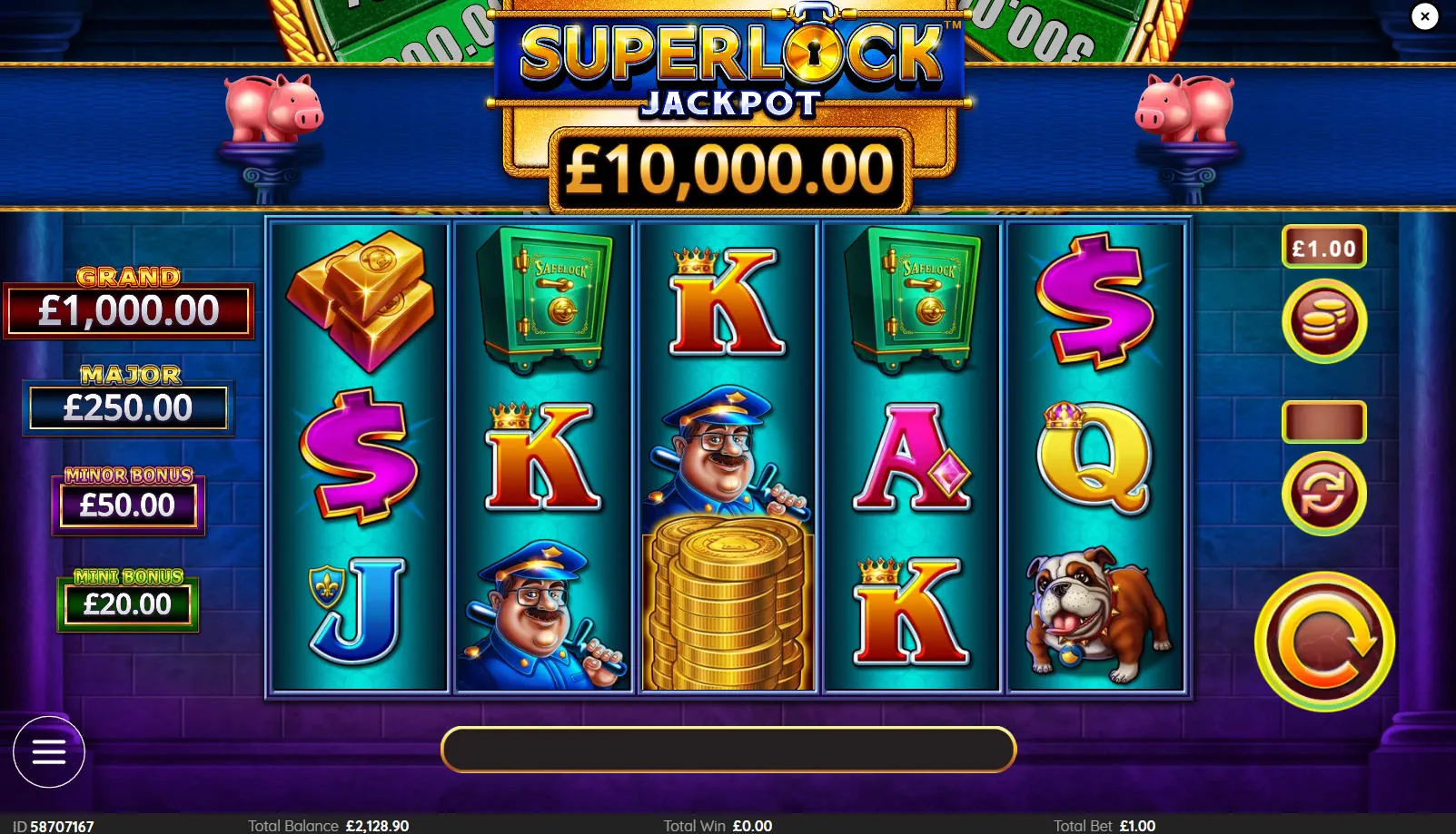 The base game grid of Piggy Bankin' Super Lock slot, showing the 5x3 reel layout and high-value character symbols on the 50 paylines.