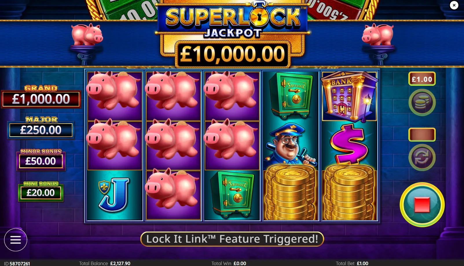 Triggering the Piggy Bank Lock It bonus round with multiple piggy bank symbols locked on the screen, initiating the hold and spin feature.