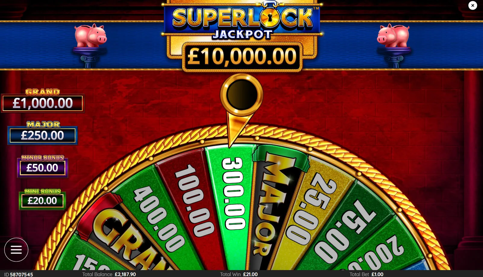 The Superlock Wheel bonus in Piggy Bankin' Super Lock slot, displaying Grand and Major jackpot segments for massive potential payouts.