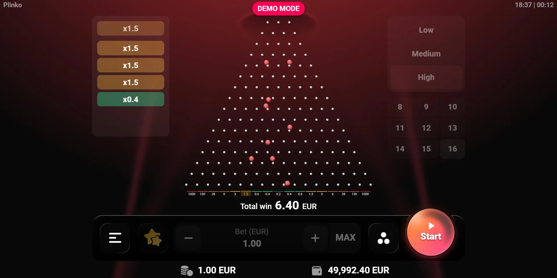 16-line grid on high risk in Plinko by TrueLab showing a ball landing in the 1000x multiplier slot, highlighting the maximum payout potential
