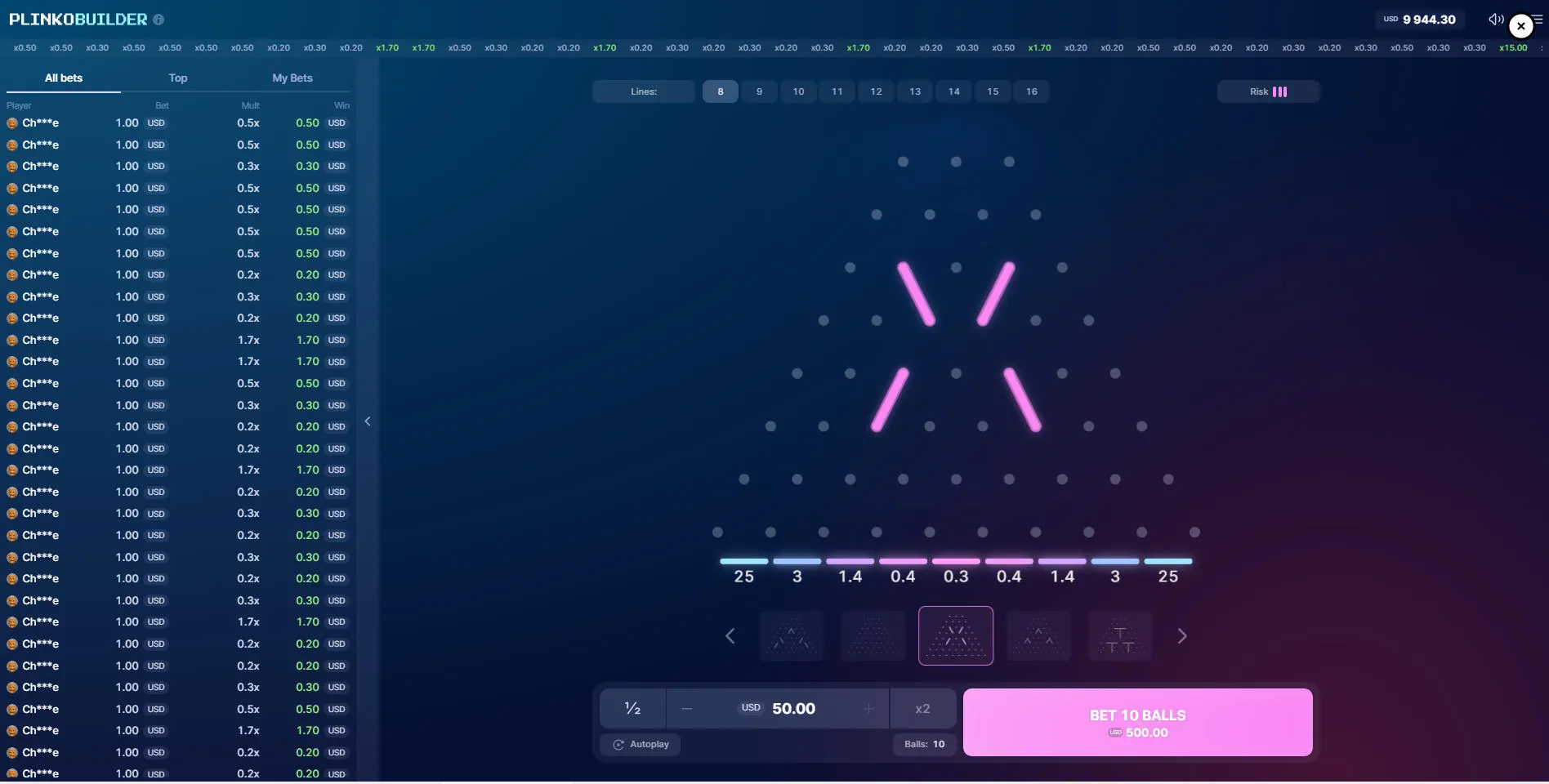 Plinko Builder 16-line board configuration showing bottom multiplier pockets to illustrate the high variance extreme edge paths.