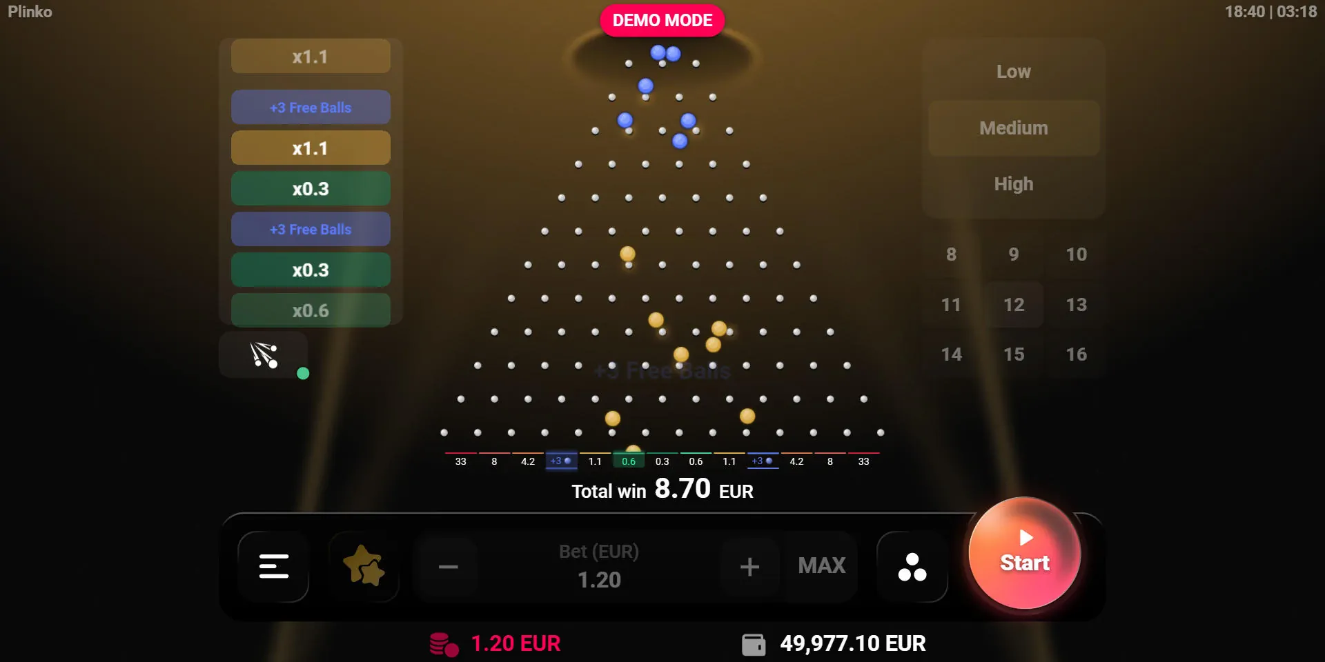 Free Ball blue slots at the bottom of the Plinko grid awarding extra drops, showing how players can win additional rounds