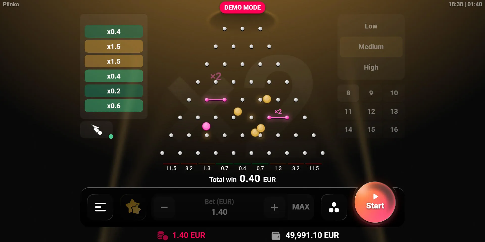 Hot Gate feature active in Plinko with pink barriers multiplying the ball value, demonstrating the premium buy feature mechanics