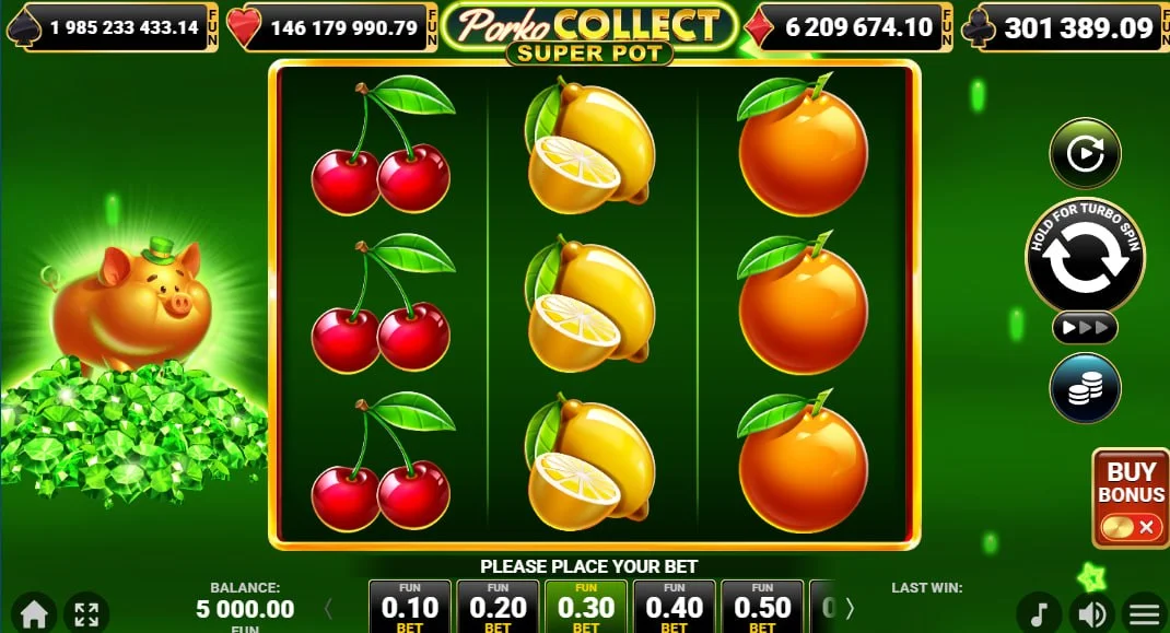 Main 3x3 grid of Porko Collect Super Pot slot featuring cherry and lemon symbols on a green background for balance tracking.
