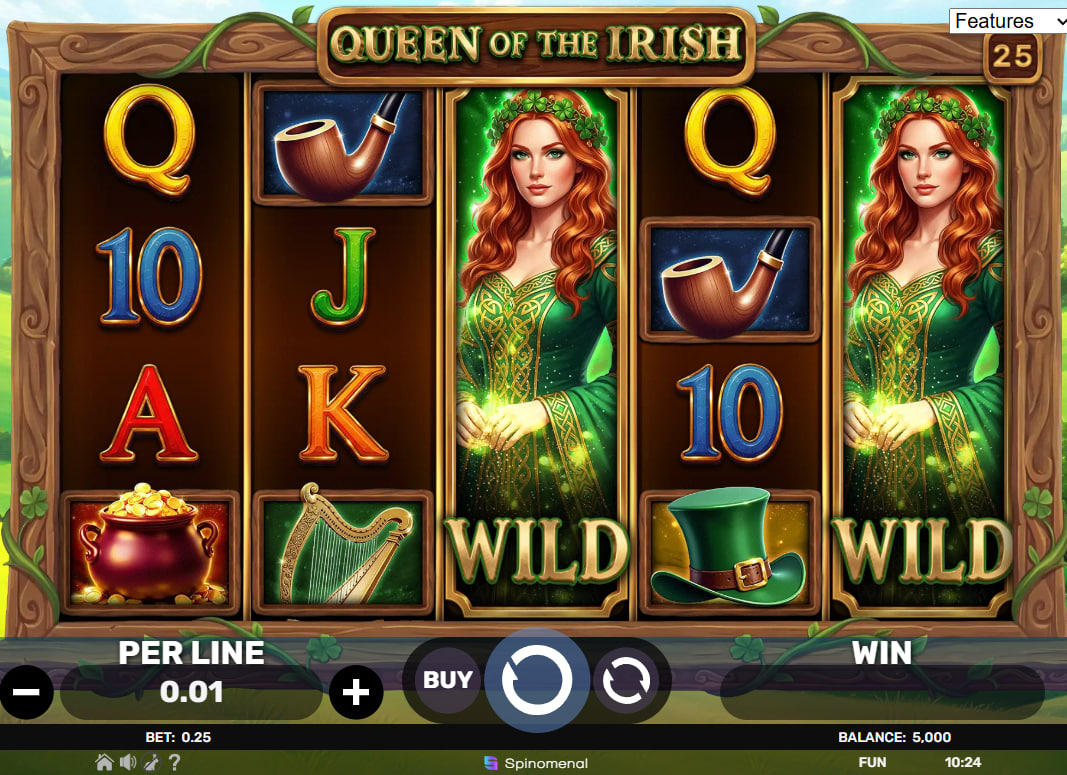 Clover Bonus symbol rules for Queen of the Irish explaining that 3 scatters trigger the multiplier game.