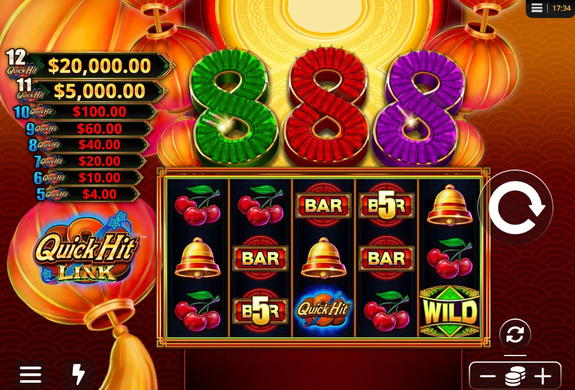 Quick Hit Link - 888 slot main game interface with 5 reels and jackpot tiers showing the $20,000 top prize