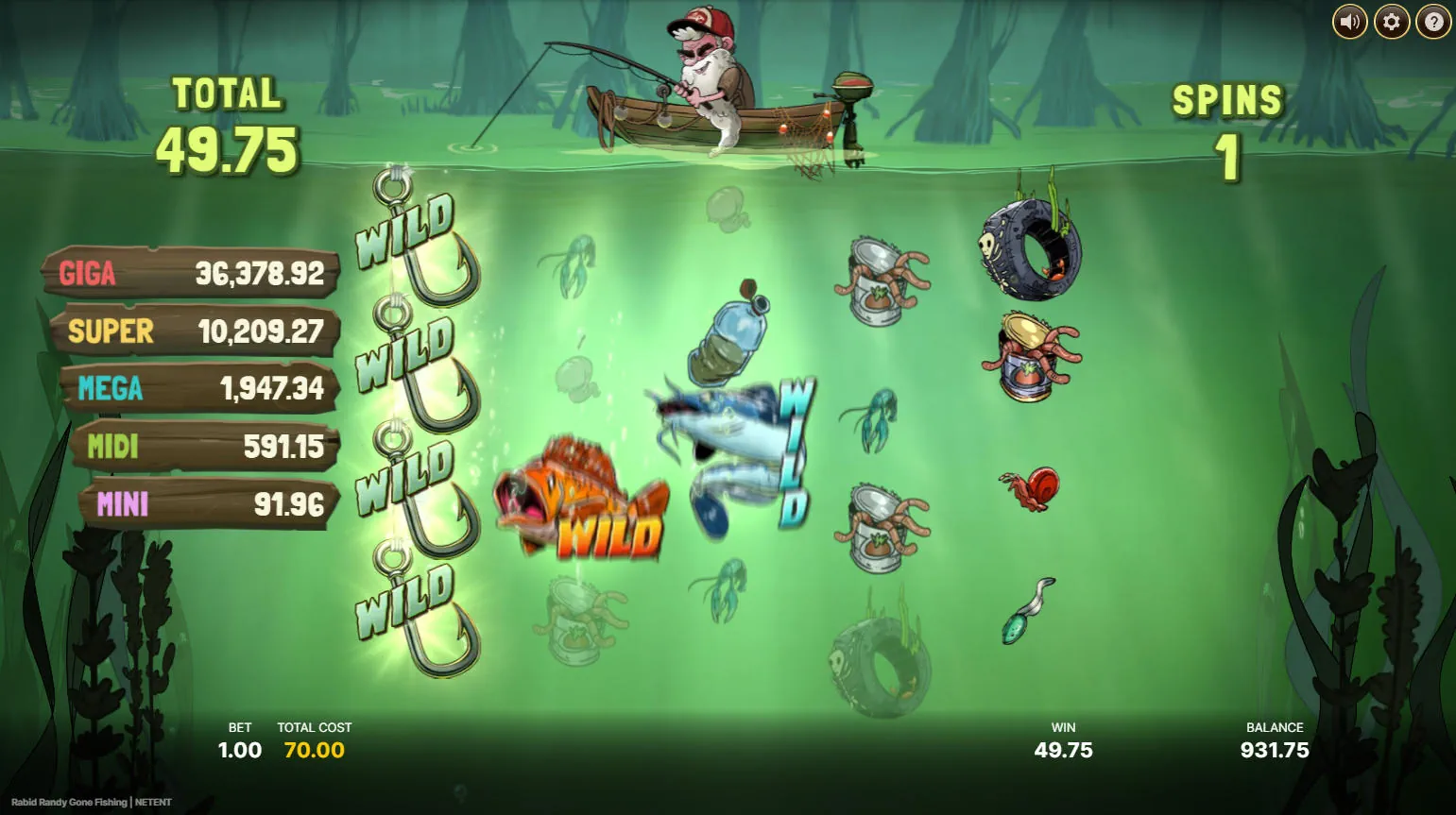 The Free Spins bonus round in Rabid Randy, showcasing the fully expanded and locked Wild reel on the left, which guarantees feature triggers.
