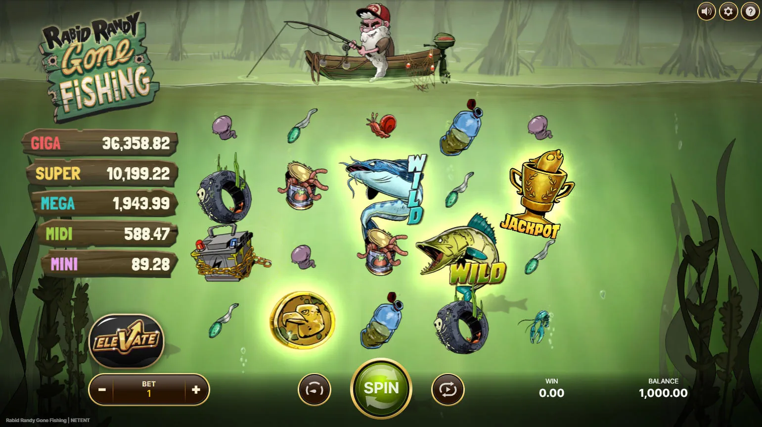 The base game grid of Rabid Randy Gone Fishing, showing the 5x4 reel layout against a polluted swamp backdrop, highlighting the game's unique gritty theme.