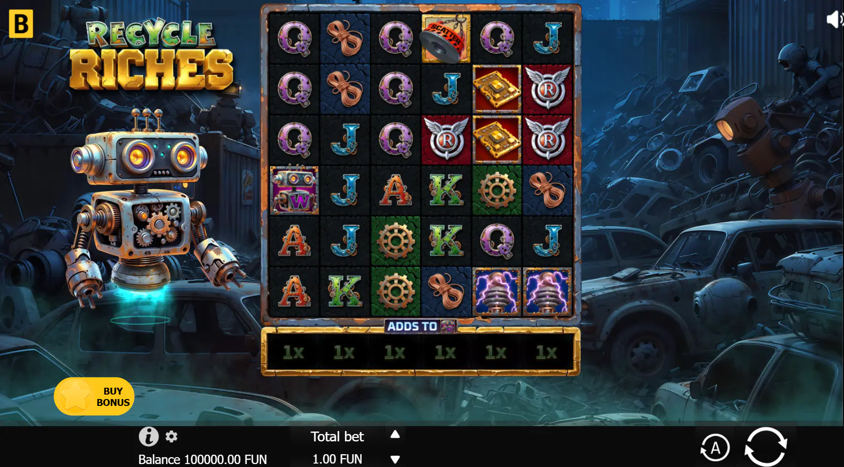 6x6 game grid of Recycle Riches slot in the base game, showing the initial drop of symbols and the starting player balance.