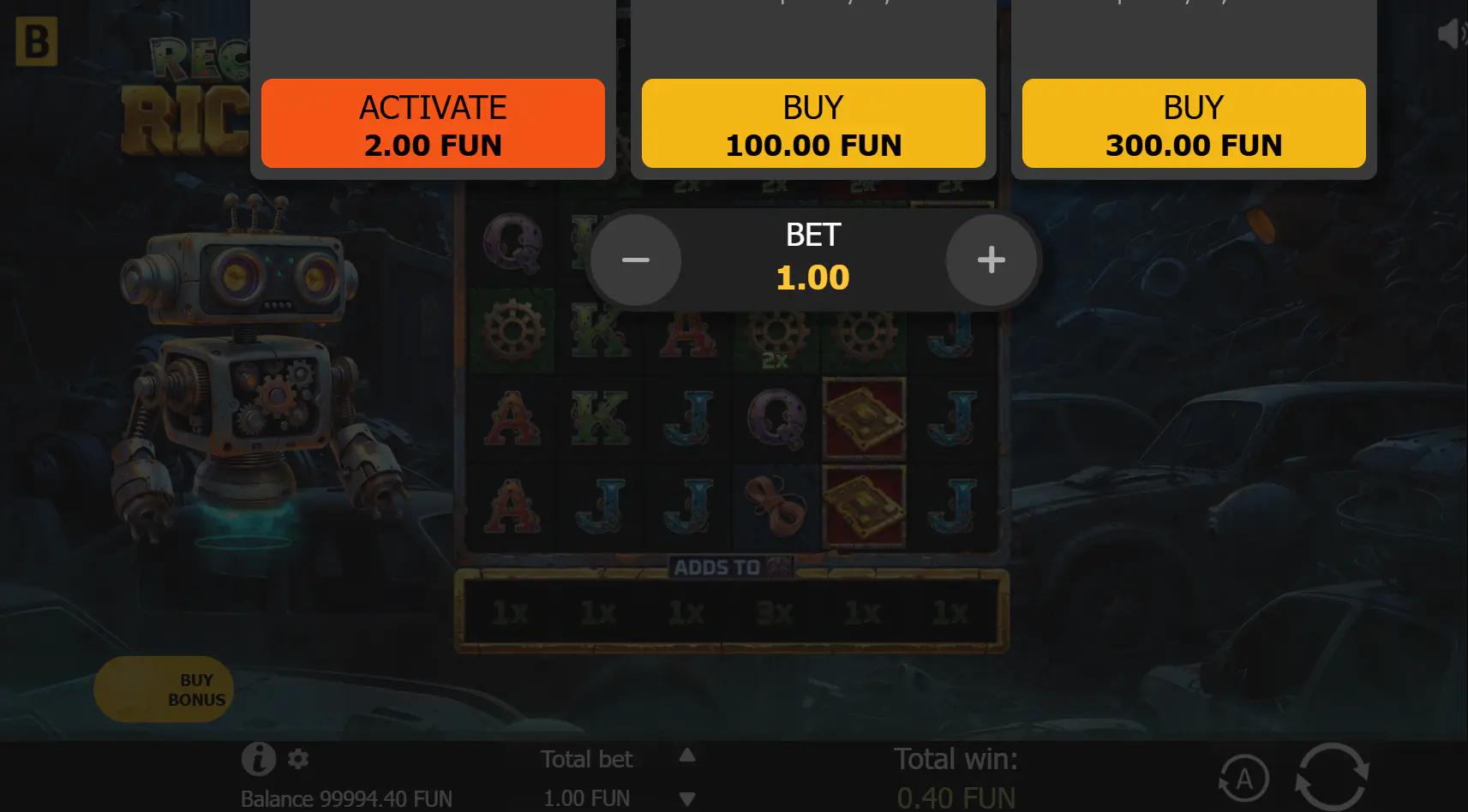 Buy Bonus menu in Recycle Riches slot over the main grid, offering standard and premium free spins alongside the Chance x3 bet toggle.