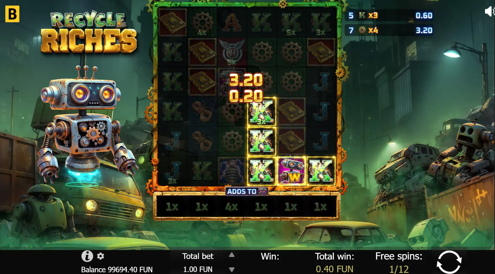 The first spin of the Recycle Riches free spins feature, showing pre-boosted 3x, 4x, and 5x multipliers locked on the grid.