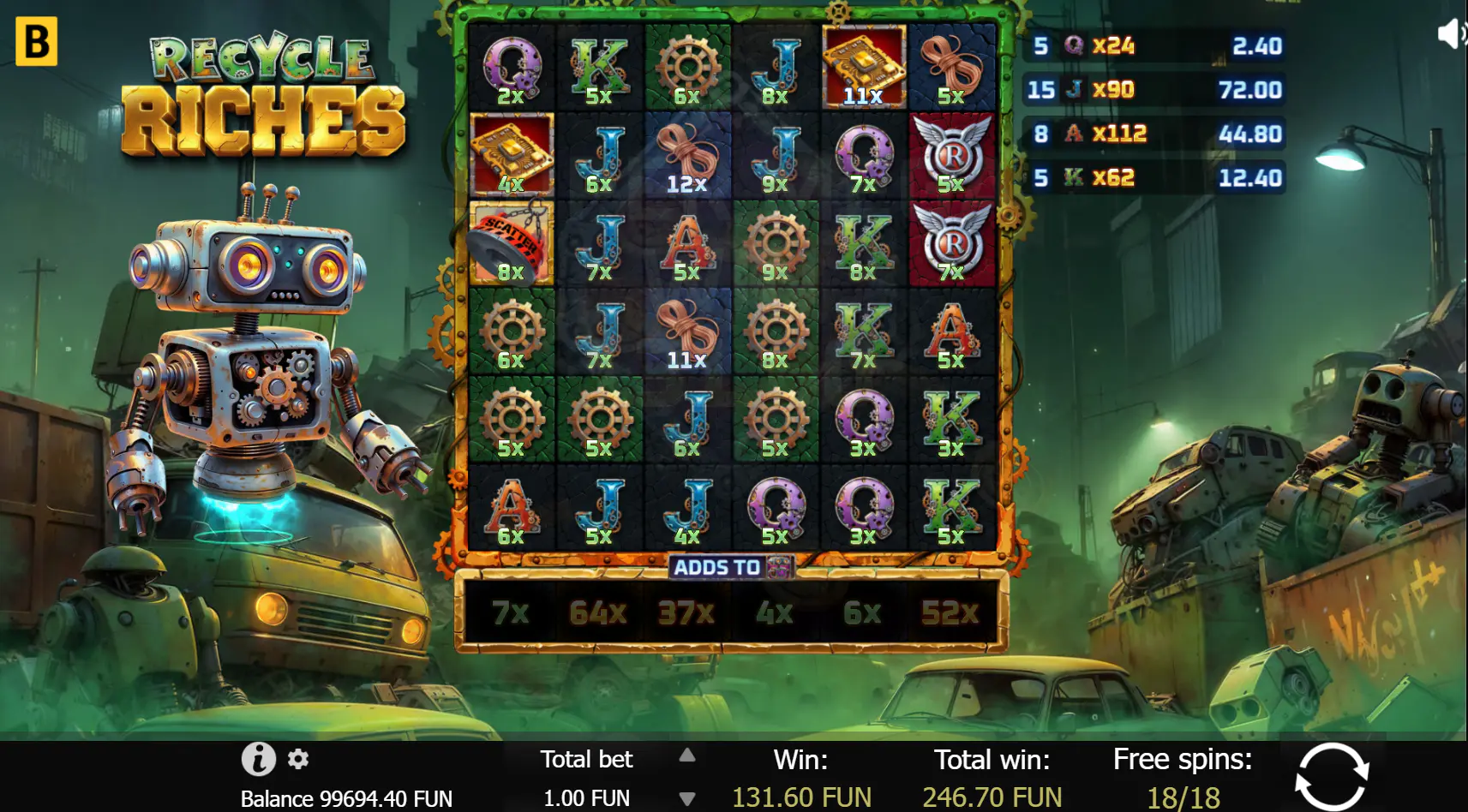 Mega Win screen in Recycle Riches free spins, revealing massive progressive cell multipliers like 64x and 52x combining for huge payouts.