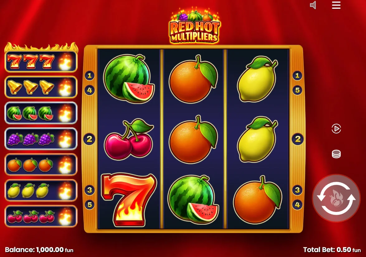 Red Hot Multipliers slot main 3x3 grid with fruit symbols on a dark background showing the classic layout and flaming logo for player orientation.