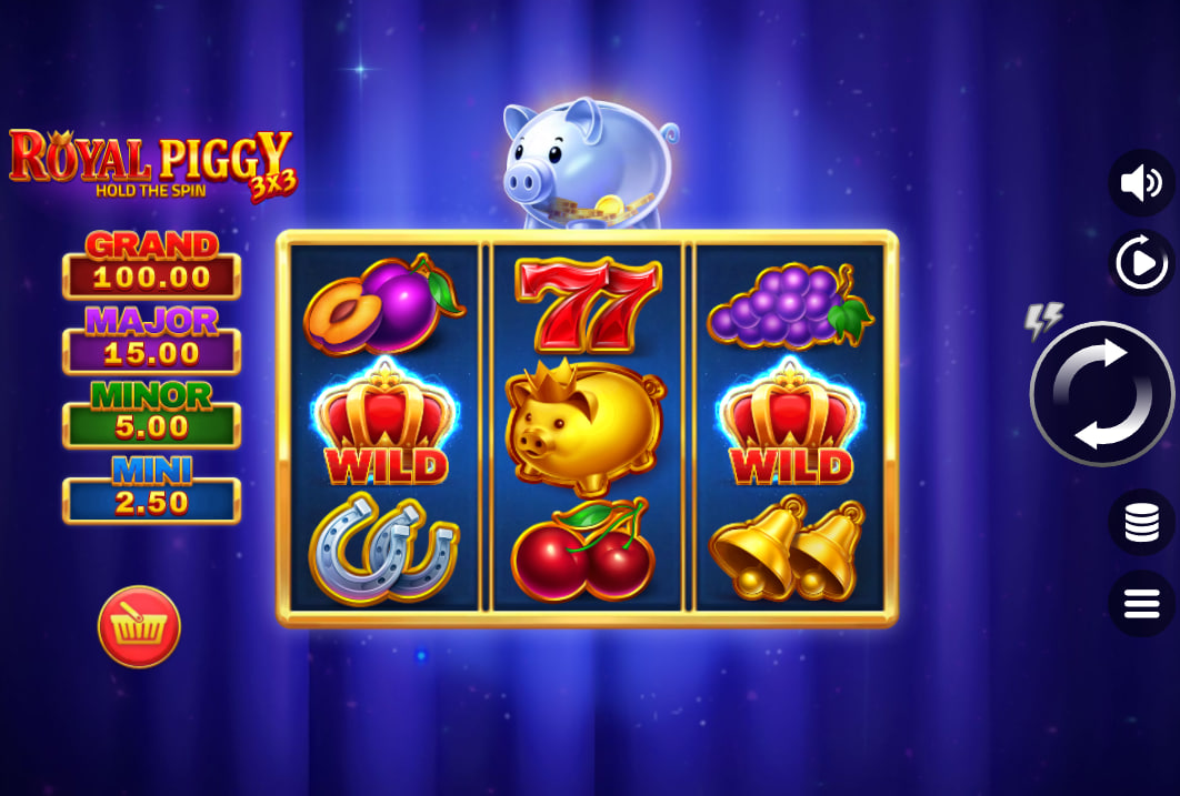 The 3x3 reel grid of the Royal Piggy slot in the base game, showing classic fruit and bell symbols, illustrating the game's classic theme for the player.