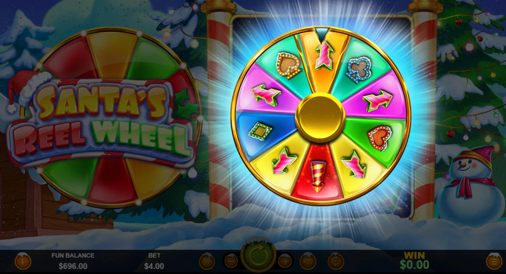 The Santa's Bonus Wheel feature activating in the Santa's Reel Wheel slot, promising players an instant bonus, free games, or feature advancement.