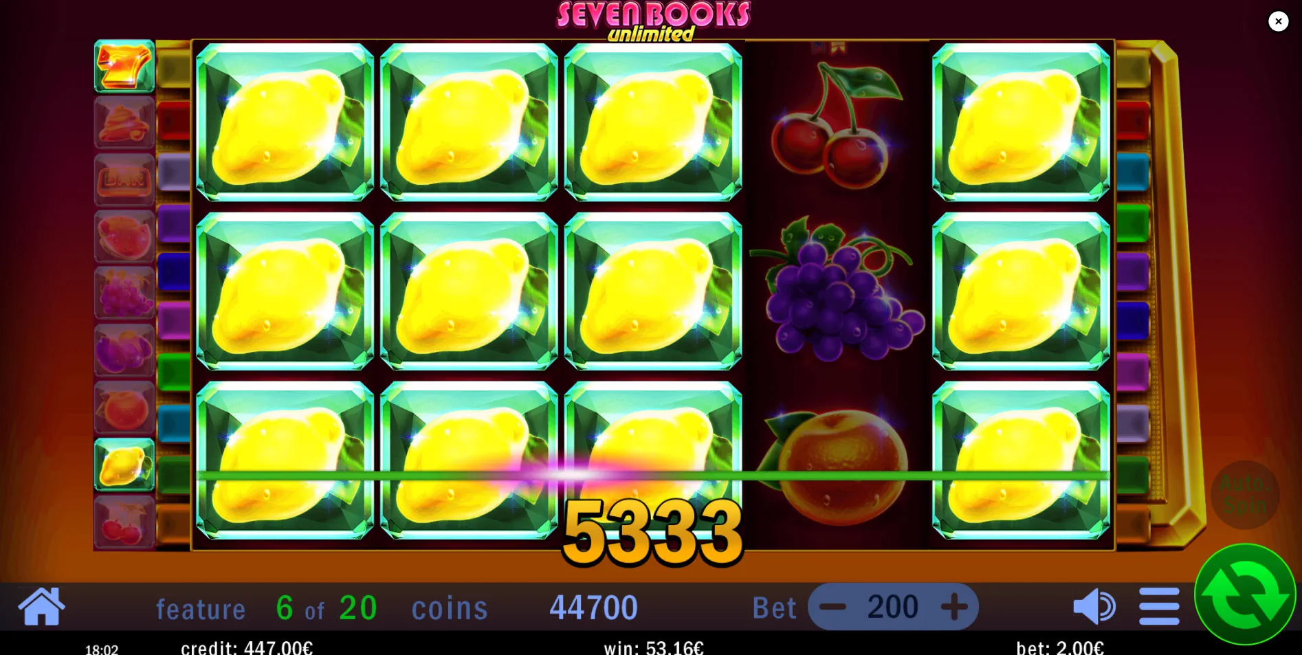 An in-game view of the Lucky Symbol expanding to cover entire reels in Seven Books Unlimited, creating a significant win across multiple paylines.