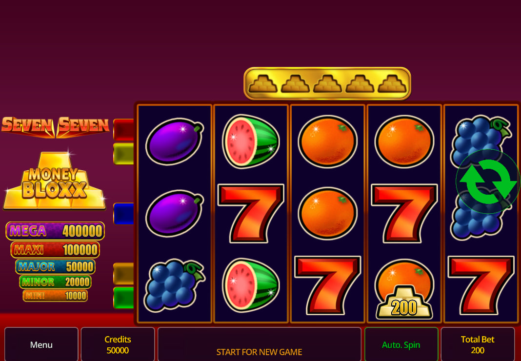 The base game grid of the Seven Seven Money Bloxx slot, showing classic fruit and seven symbols across the 5x3 reels and the fixed jackpot ladder on the left.