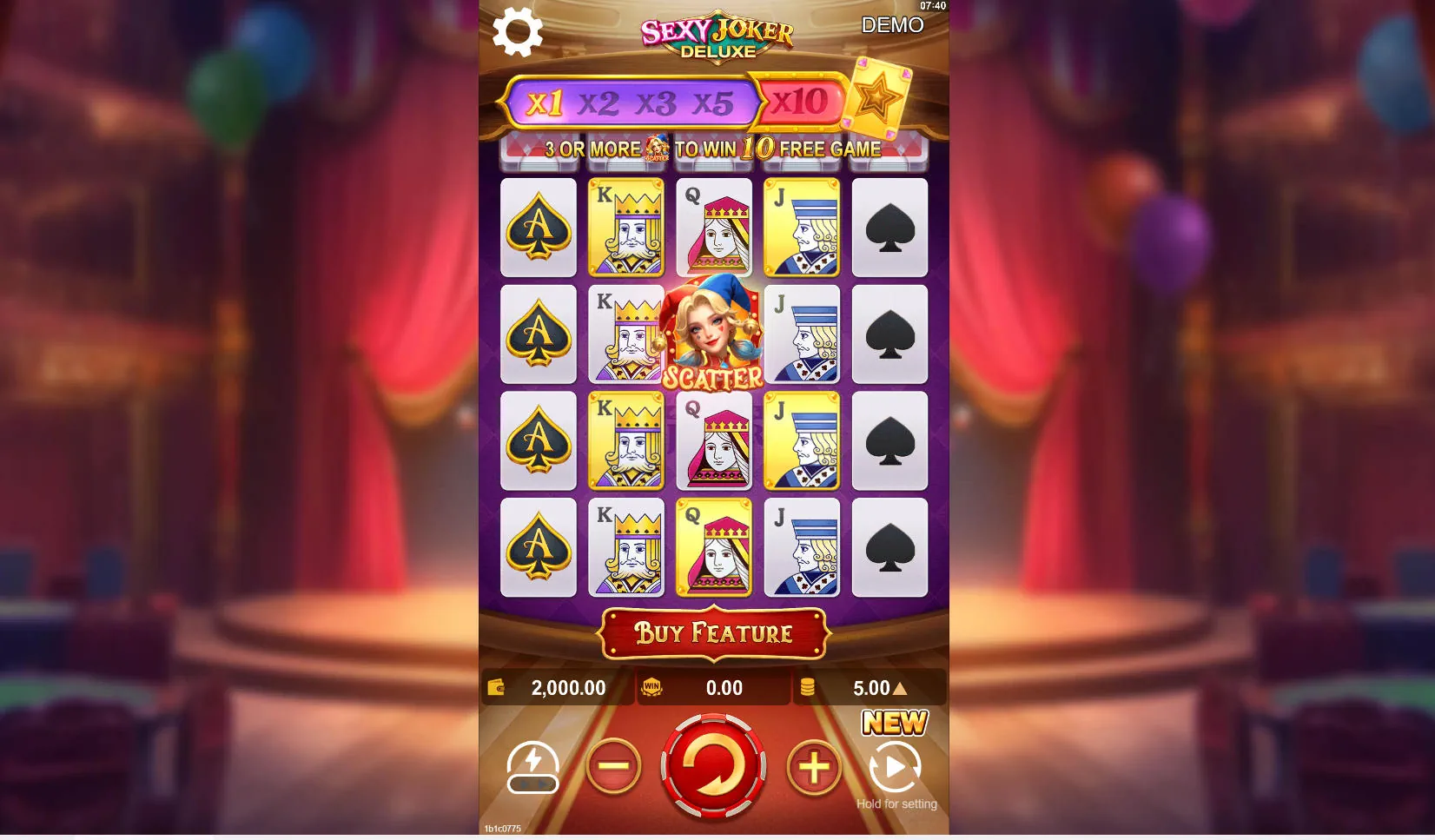 Sexy Joker Deluxe slot main 5x4 grid with multiplier bar showing the starting x1 value and card suit symbols.