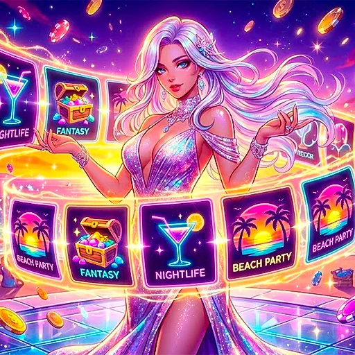 Gemini said
Glamorous anime character with multi-themed slot reels in a fantasy beach setting, illustrating the diverse, visually distinct demo games catalog.