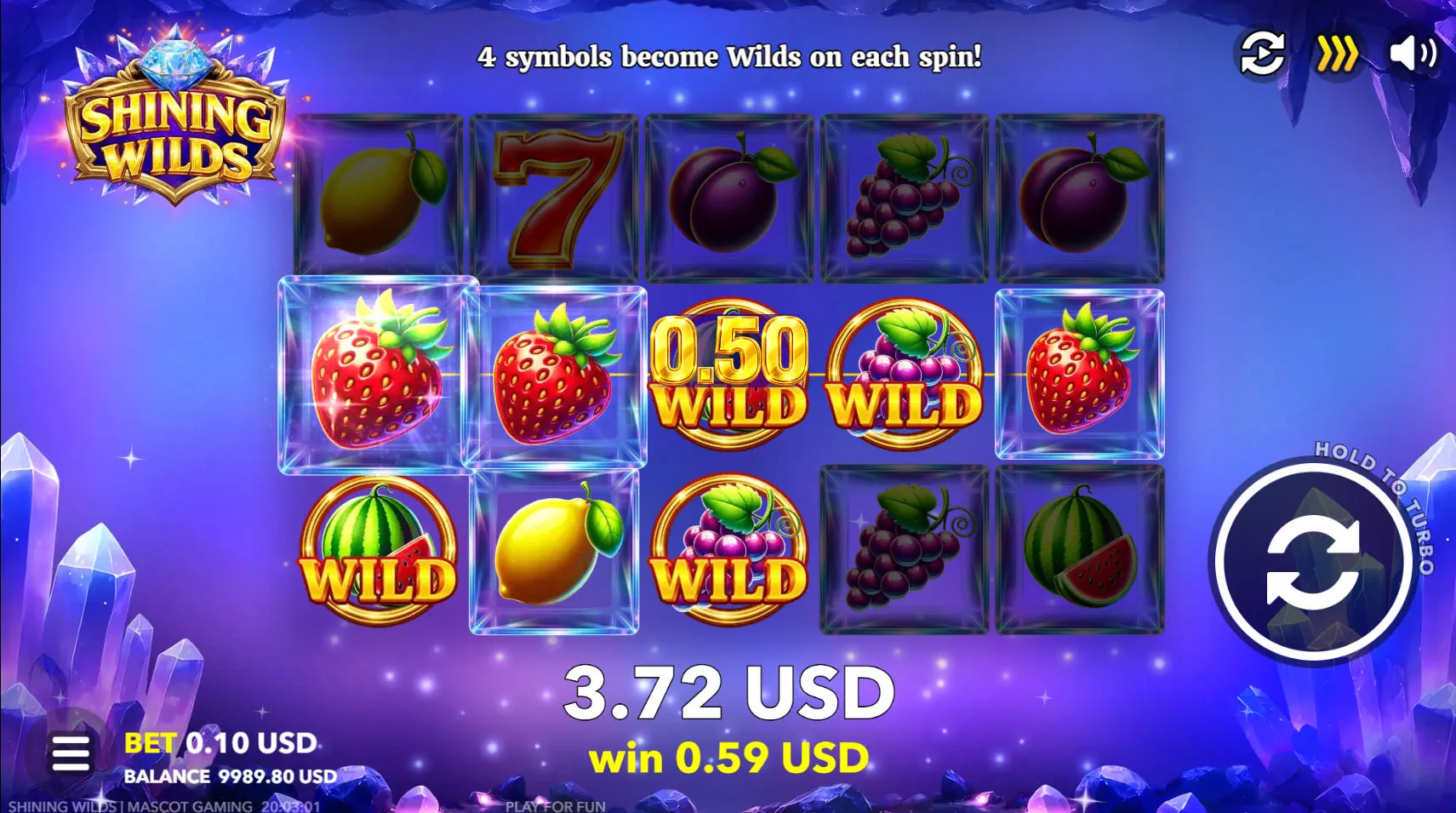 5x3 grid in Shining Wilds slot showing four regular symbols transforming into golden Wilds during a base game spin