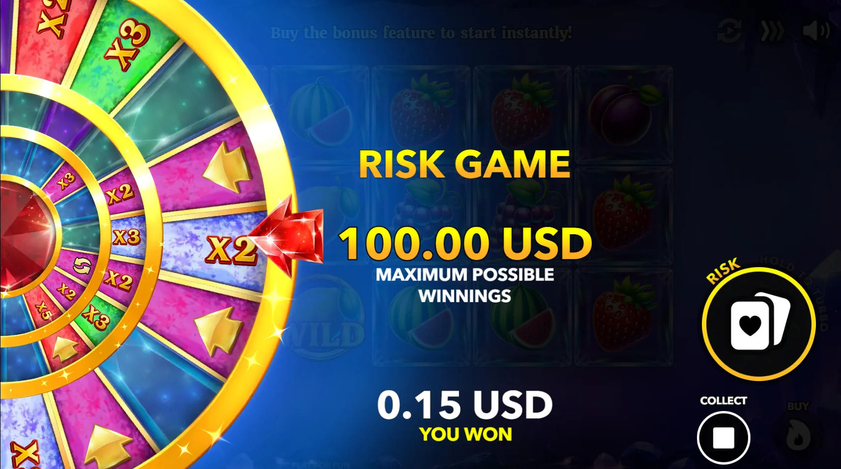The Risk Wheel feature in Shining Wilds displaying multiplier sectors up to x5 and green arrows for advancing to higher reward tiers