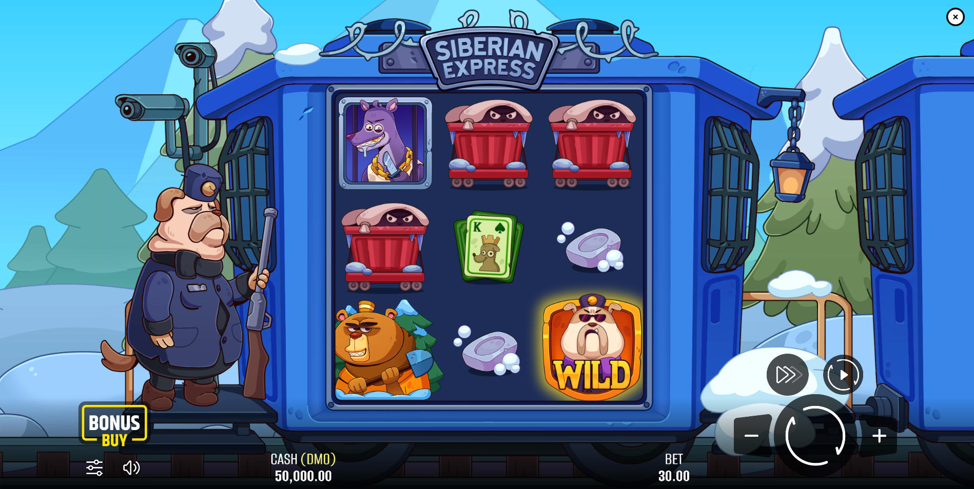 The 3x3 base game grid of Siberian Express showing the WANTED 100% UI indicator, demonstrating the player progression tracking system.