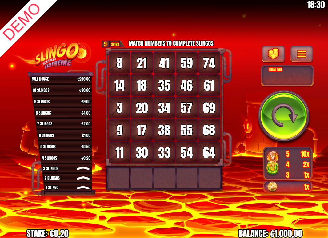 The main game screen of Slingo XXXtreme Express showing the 5x5 grid and the prize payladder, illustrating the game's core layout for new players.