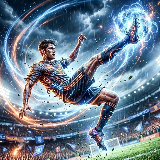 A soccer player executes an energetic bicycle kick with a glowing ball in a stadium, representing the dynamic action in soccer-themed demo slots