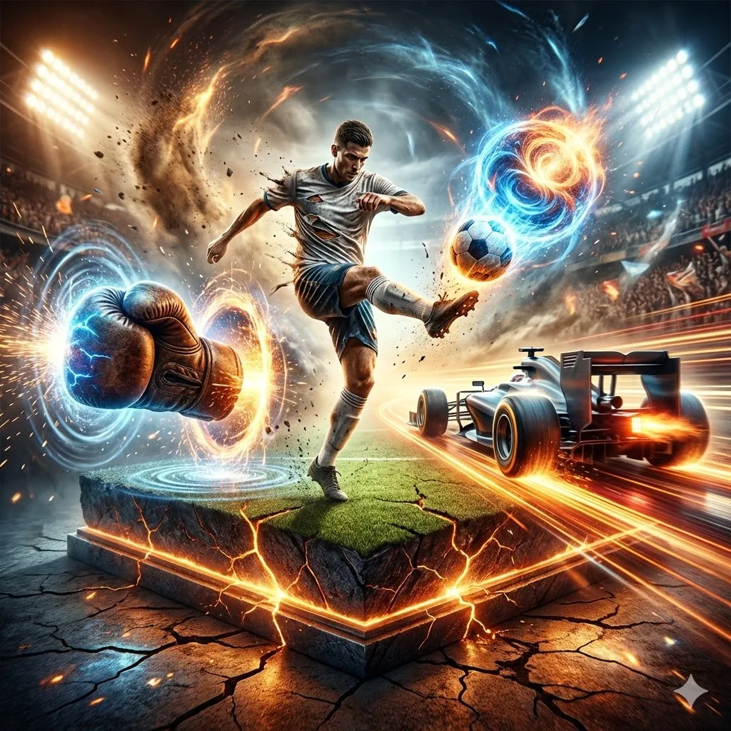 A dynamic collage of sports action, featuring a soccer player, a boxer, and a race car, symbolizing the variety of sports-themed demo slots