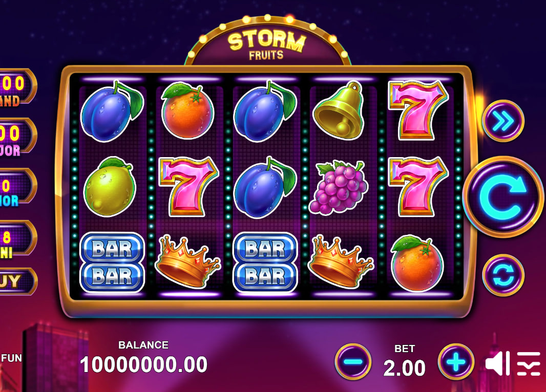 The main game screen of the Storm Fruits slot, showing the 5x3 reel layout with neon fruit symbols and the user interface, demonstrating the game's classic theme.