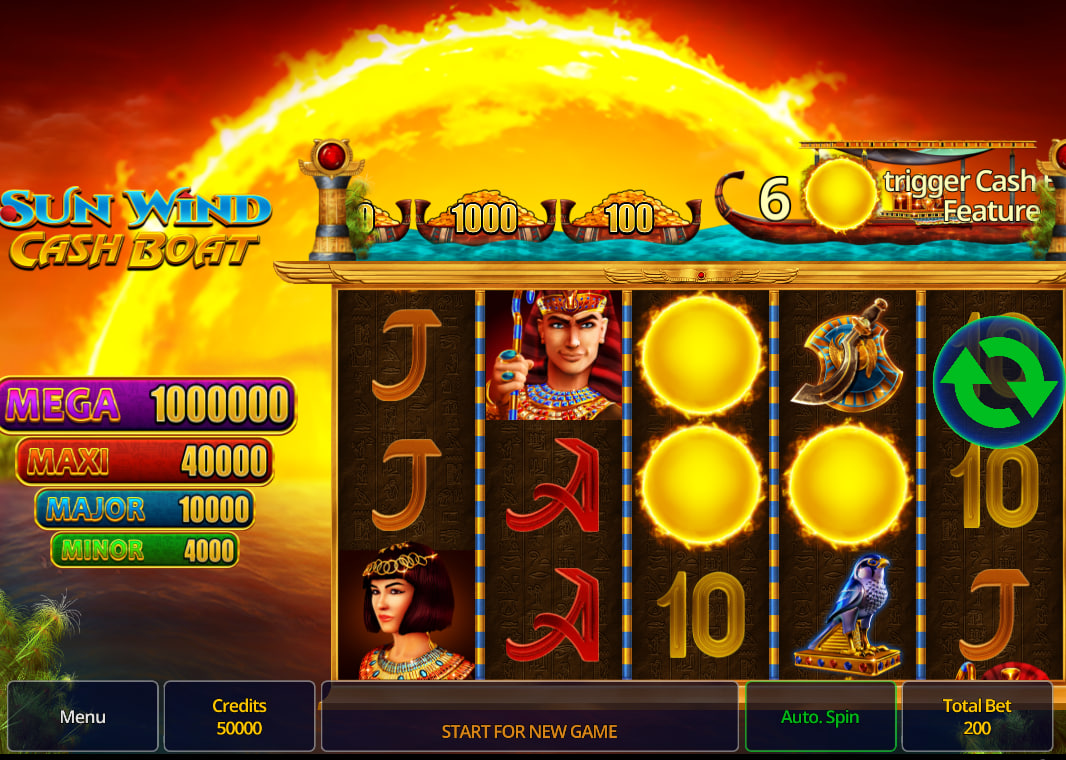 The 5x3 game grid of the Sun Wind Cash Boat slot, showing the four fixed jackpot values on the left and the Egyptian symbols on the reels.