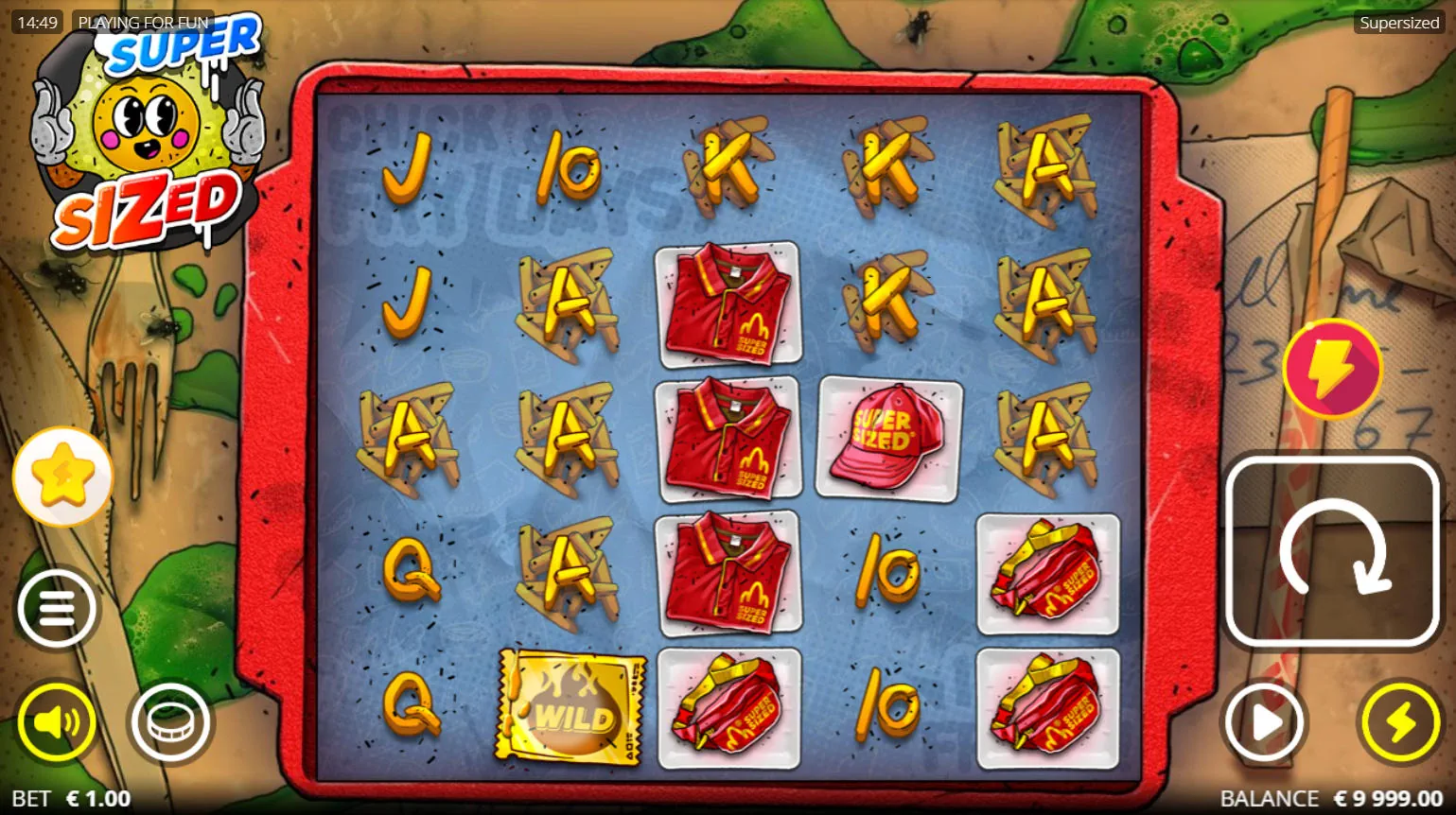 he 5x5 base game grid of the Supersized slot, showing the greasy fast-food theme and various pay symbols on the reels, which is the starting point for gameplay.
