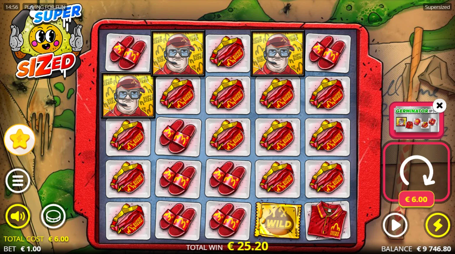 The Germinator symbol appearing during the free spins round of Supersized, illustrating the removal of low-value symbols to improve win potential.