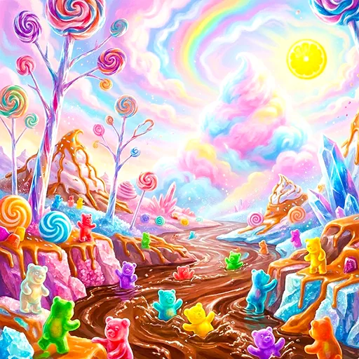 A fantastical candy landscape with a chocolate river and glowing gummy bears, a scene representing the vibrant and imaginative world of Sweet-themed demo slots