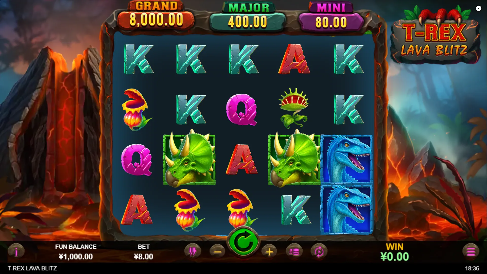 The 5x4 reel layout of T-Rex Lava Blitz during base gameplay, displaying dinosaur symbols and the three scalable jackpot values above the reels.
