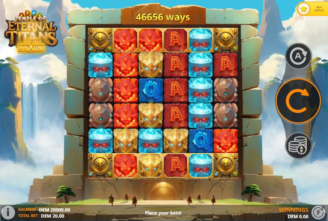 The main 6x6 game grid of Temple of Eternal Titans slot, showing the unique DualXTEND horizontal reels and corner blockers, showcasing the game's core layout.