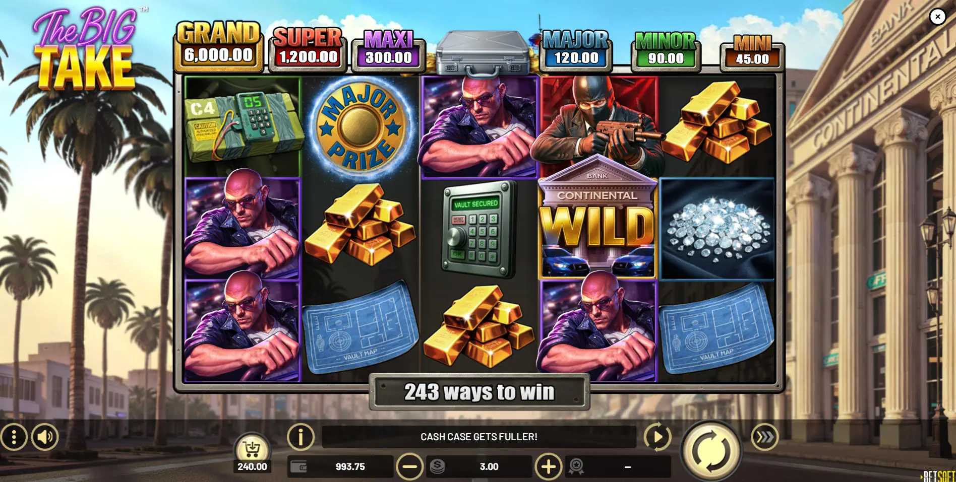 The base game grid of The Big Take slot, showing the 5x3 reel layout against a city backdrop, illustrating the game's starting interface.