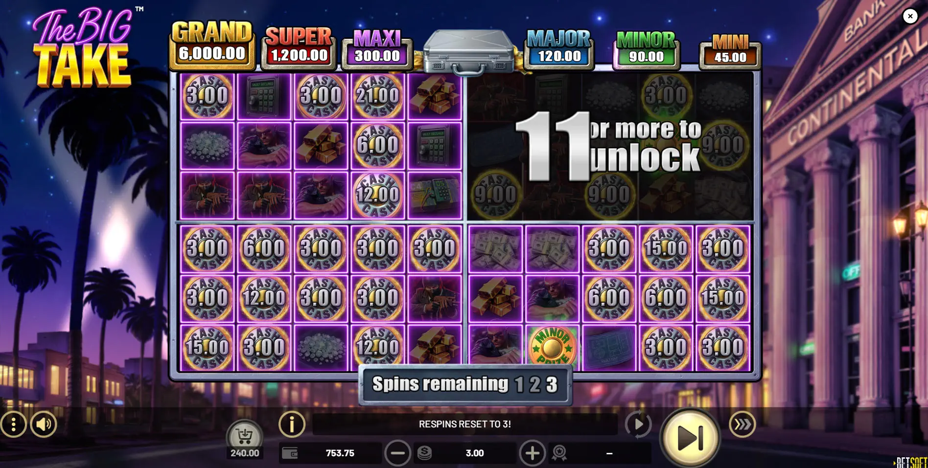 The expanding grid during The Big Take's bonus round, showing multiple unlocked areas and a screen filled with prize symbols, highlighting its high potential.