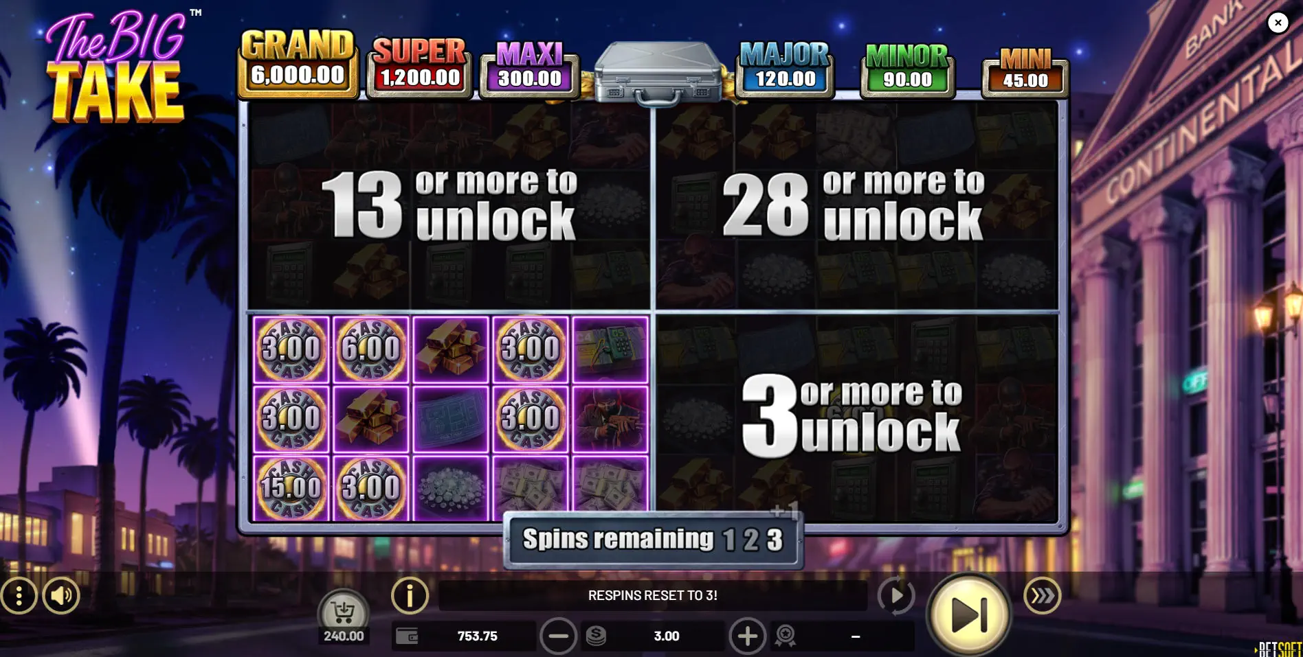 The Hold & Win feature triggers in The Big Take slot, with bonus symbols locked on the grid and 3 respins ready to start the main bonus.