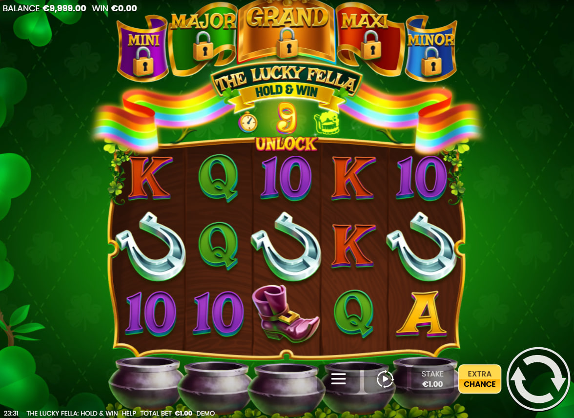 The base game grid of The Lucky Fella slot, showing the 5x3 reel layout and the unique Spin Progress meter above, which tracks feature unlocks for the player.