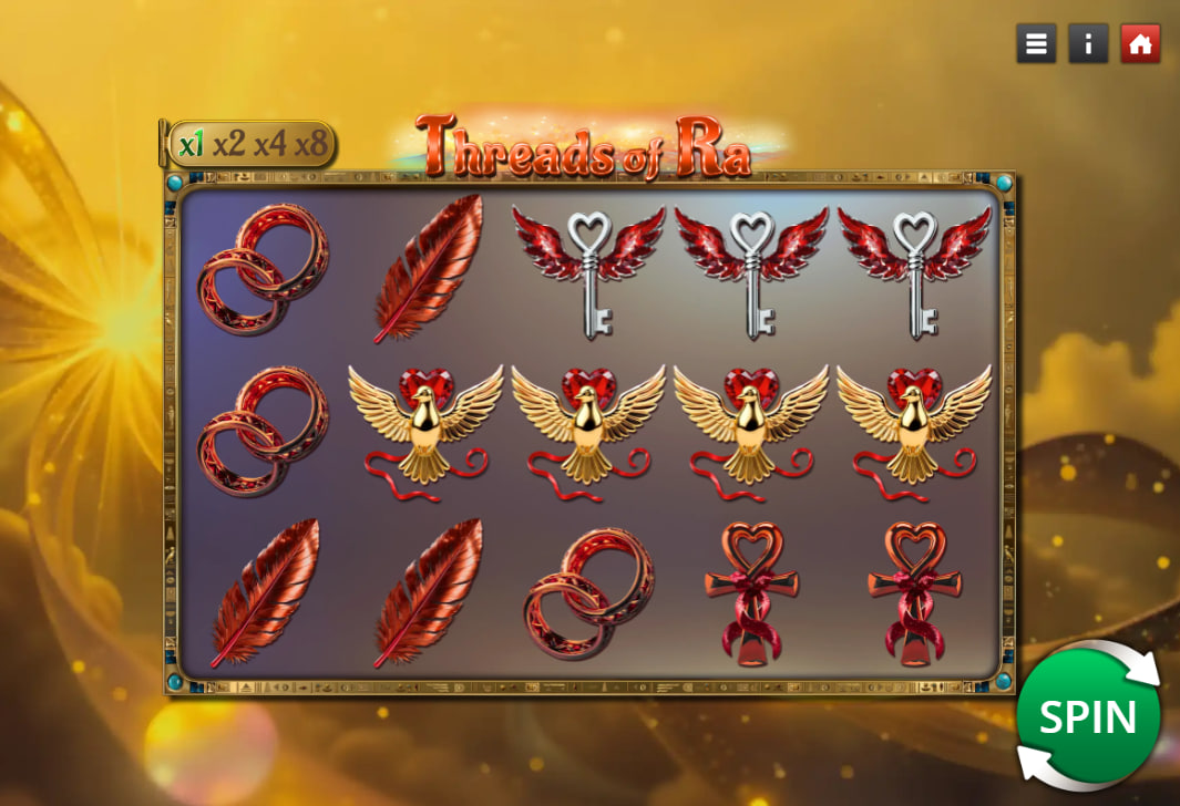 The 5x4 game grid of Threads of Ra slot, showing Egyptian-themed symbols like the golden bird and winged keys, illustrating the starting gameplay.