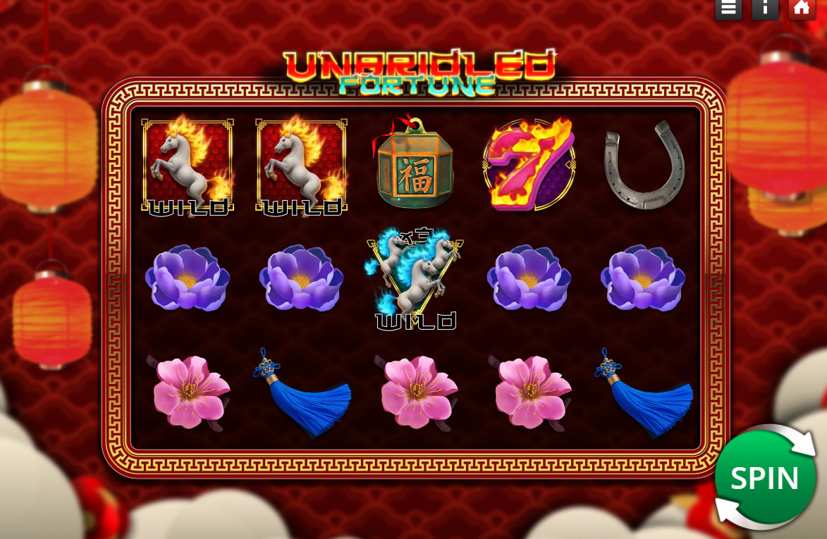 The main game screen of the Unbridled Fortune slot, showing the 5x3 reel layout and traditional Asian symbols, illustrating the user interface for players.