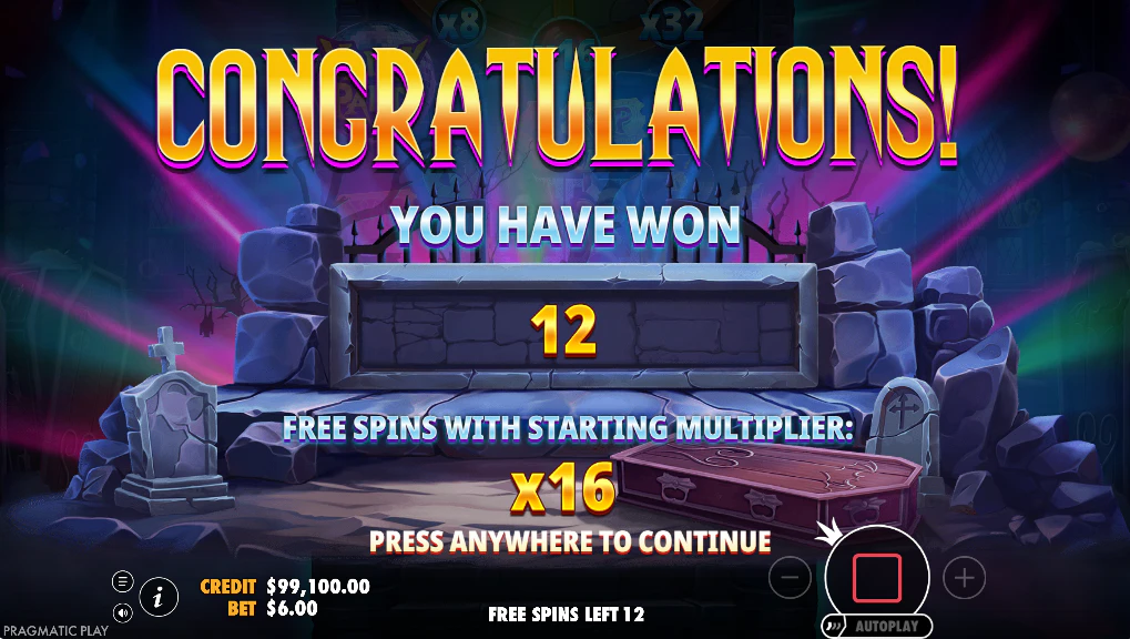 Four Scatter symbols landing on the reels to trigger the Free Spins bonus round in Vampy Party with a starting x16 multiplier.